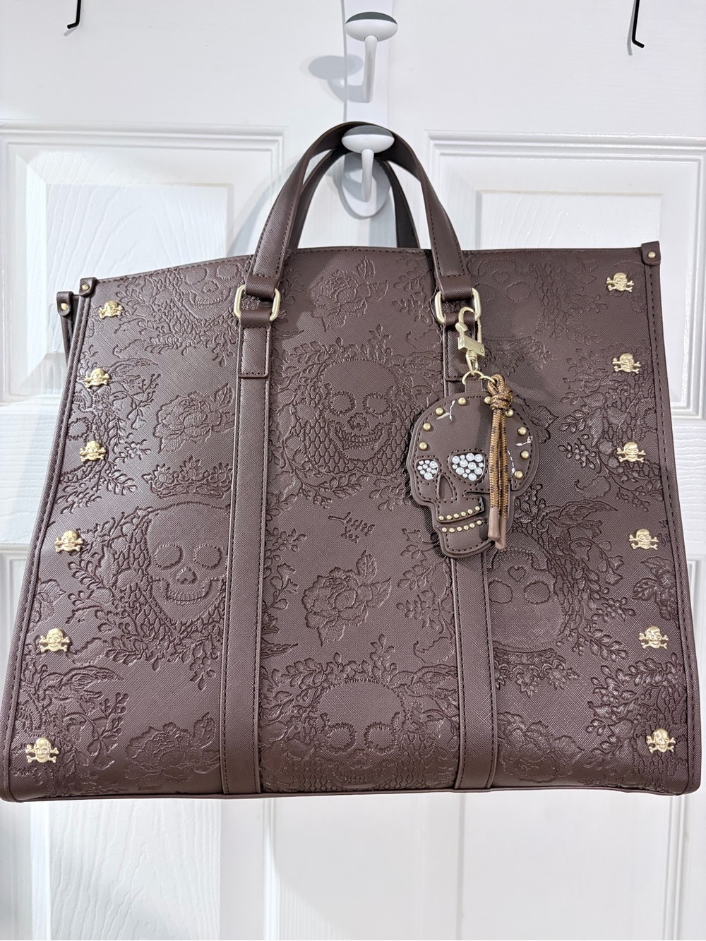 Betsey Johnson XOMATTIE Brown Skull Floral Embossed Tote Bag + Charm